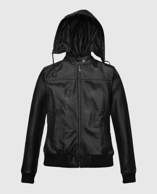 Women's Black Leather Symphony Detachable Hood Jacket
