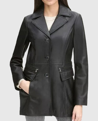 Women's Black Petite Leather Trench Coat