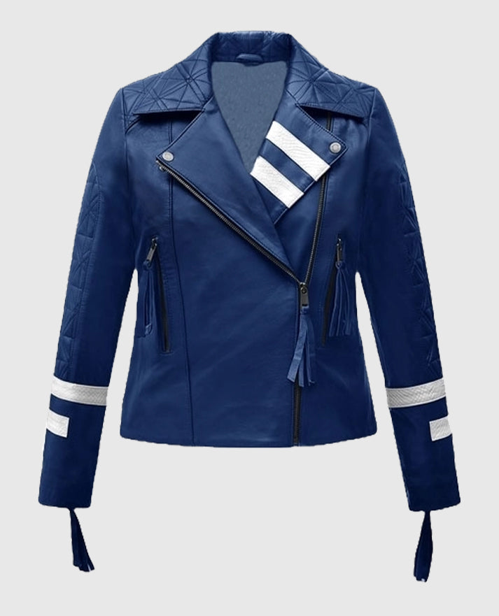 Women's Blue Leather Striped Moto Jacket