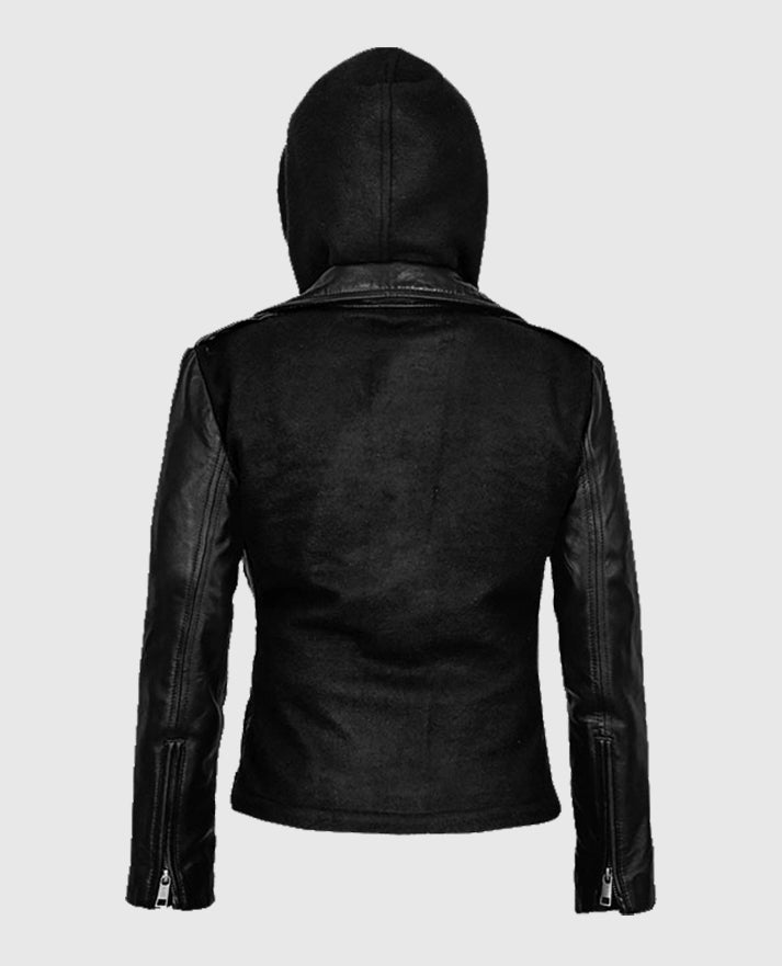 Women's Hooded Black Biker Leather Jacket