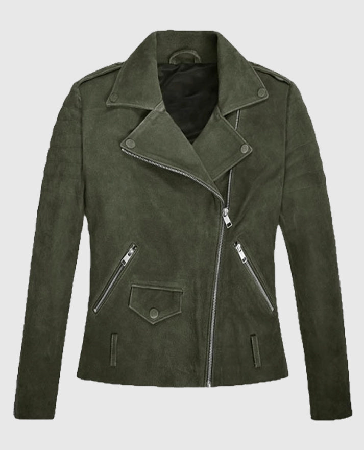 Women's Olive Suede Moto Leather Jacket