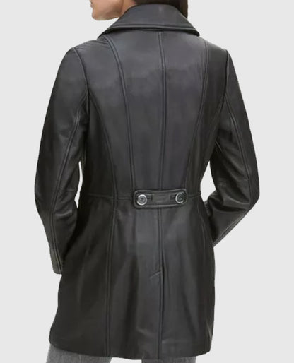 Women's Petite Black Leather Trench Coat