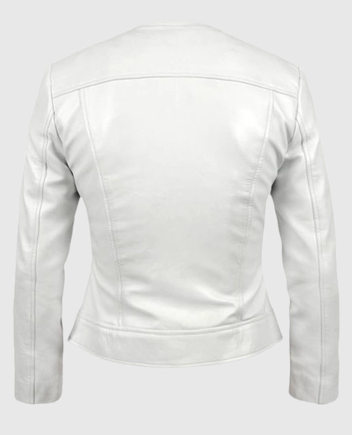 Women's Round Neck Biker White Leather Jacket