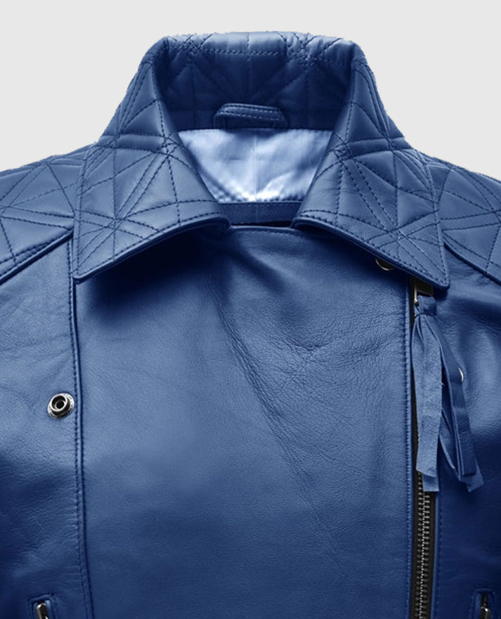 Women's Striped Leather Blue Moto Jacket