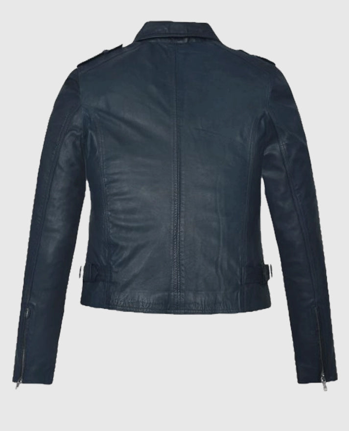 Women's Washed & Wax Blue Biker Leather Jacket