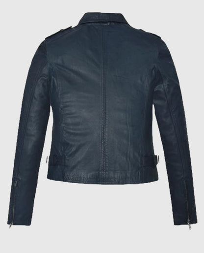 Women's Washed & Wax Blue Biker Leather Jacket
