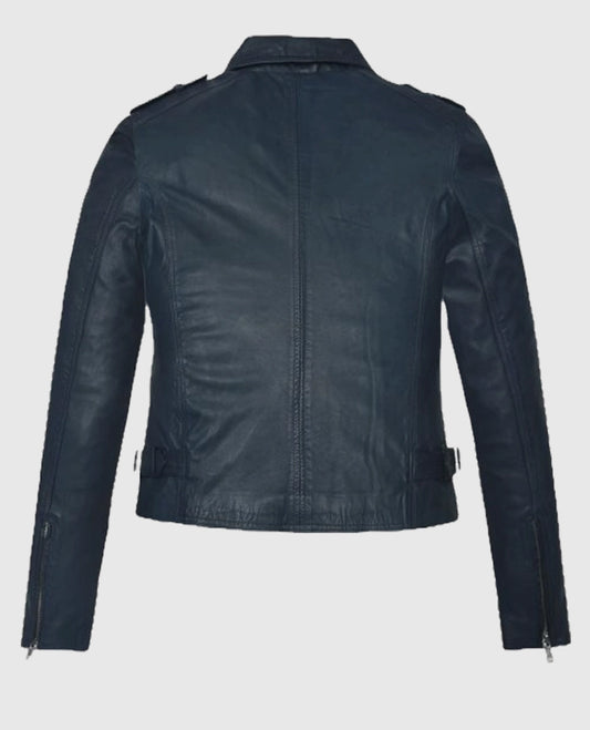 Women's Washed & Wax Blue Biker Leather Jacket