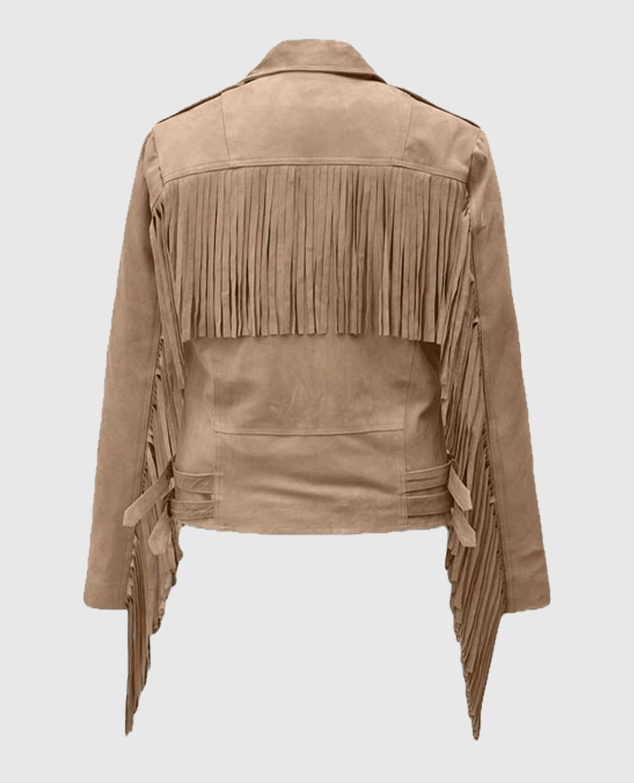 Women's Beige Suede Leather Fringes Jacket