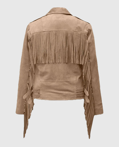 Women's Beige Suede Leather Fringes Jacket
