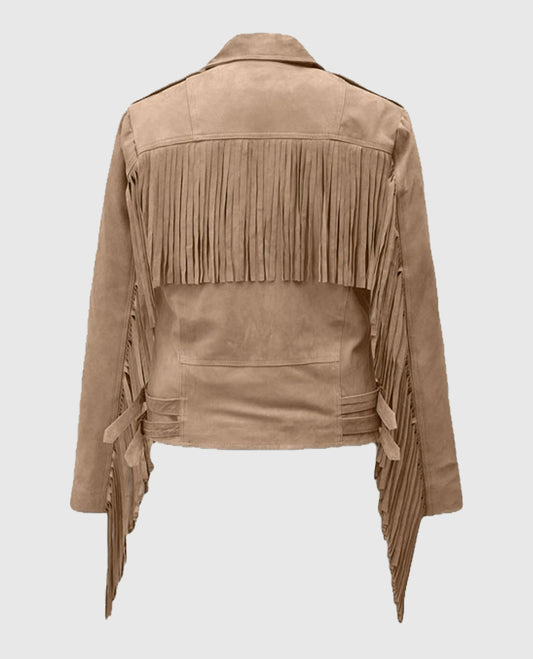 Women's Beige Suede Leather Fringes Jacket