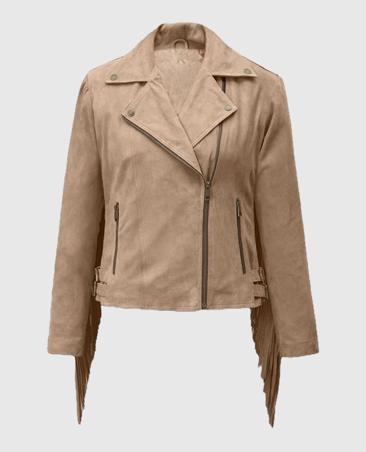 Women's Dusty Beige Suede Leather Fringes Jacket