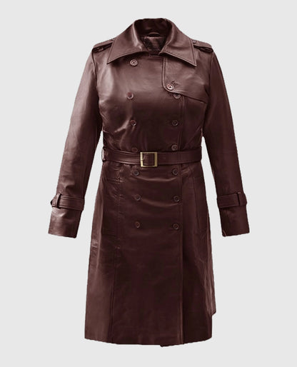 Women's Maroon Trench Soft Wax Halcon Leather Coat