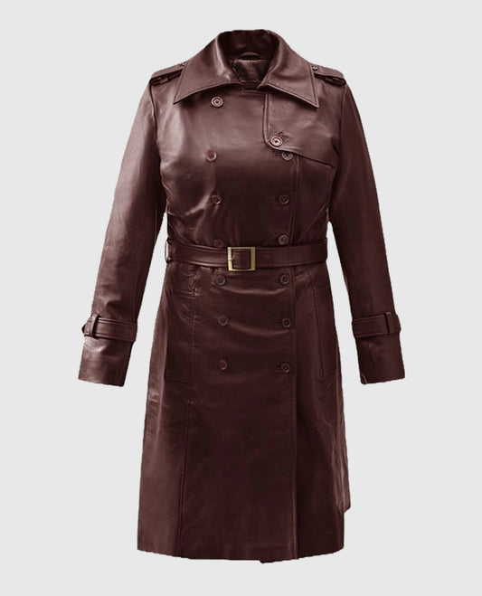 Women's Maroon Trench Soft Wax Halcon Leather Coat