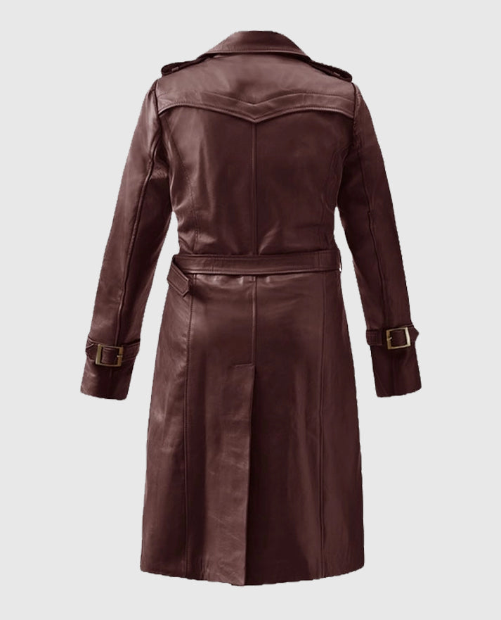 Women's Maroon Trench Soft Wax Halcon Leather long Coat
