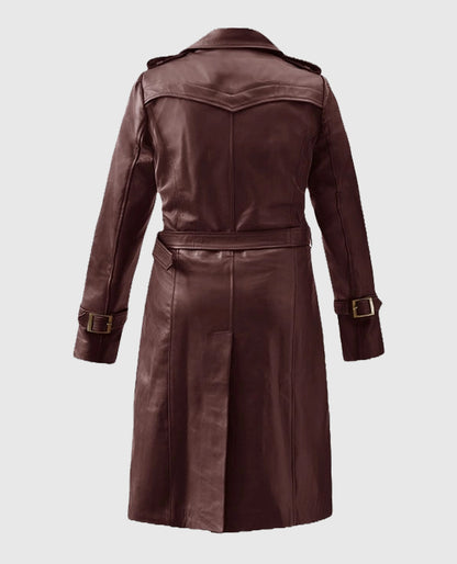 Women's Maroon Trench Soft Wax Halcon Leather long Coat
