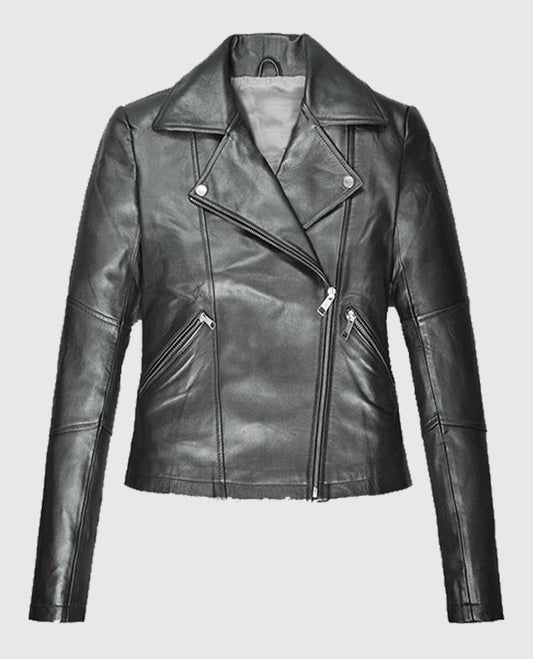 Womens Metallic Gray Biker Leather Jacket