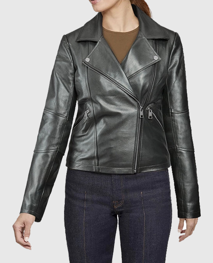 Women's Metallic Gray Biker Leather Jacket